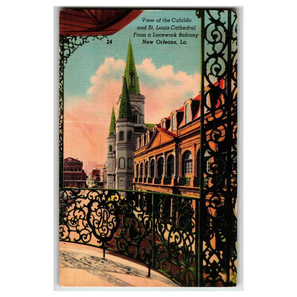 New Orleans Cabildo St. Louis Cathedral Lacework Balcony Linen Postcard